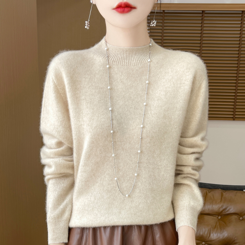 一线成衣半高领羊毛衫女秋冬时尚百搭纯色圆领宽松长袖针织打底衫