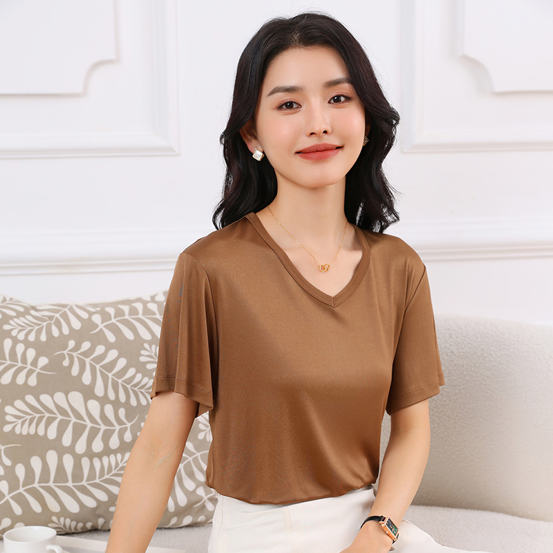 醋酸v领短袖夏季时尚休闲气质百搭设计感薄款宽松显瘦纯色女士T恤