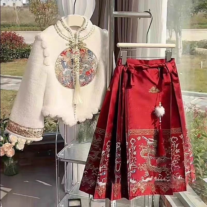 巴拉巴拉恩龙凤呈祥马面裙女童冬季汉服加绒儿童裙子拜年服套装