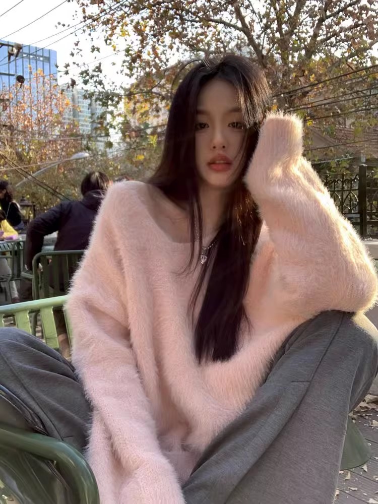 粉色温柔慵懒风宽松软糯水貂绒毛衣女秋冬季外穿高级感针织衫上衣