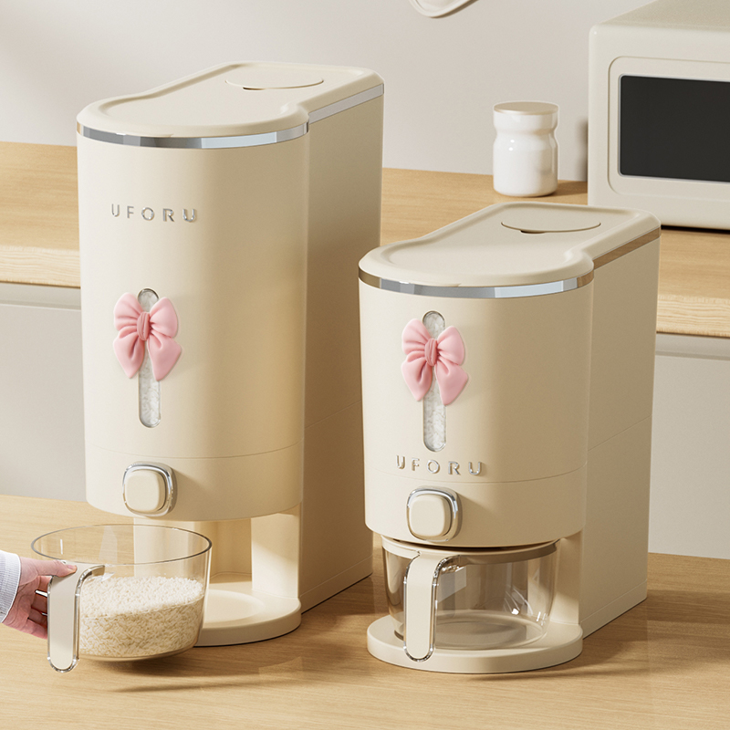 橱明星大容量按压米桶带蝴蝶结家用厨房防潮杂粮罐多功能窄缝收纳