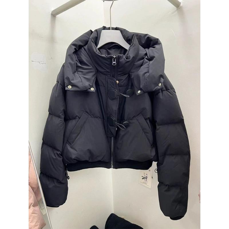 小个子短款羽绒服女连帽皮扣上衣2023冬季新款减龄白鸭绒保暖外套