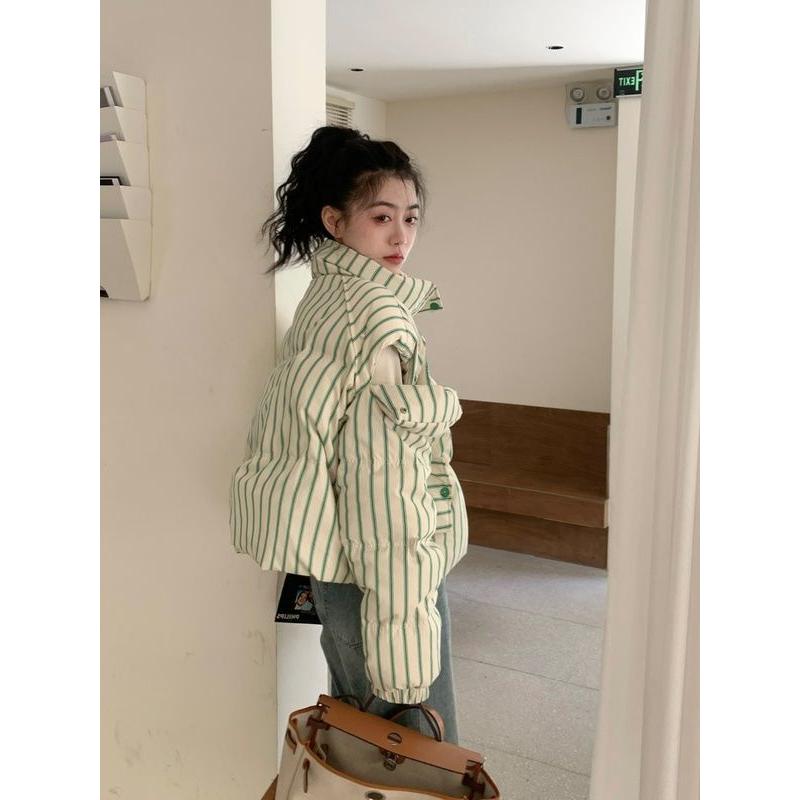 条纹羽绒服女短款2023年冬季韩系宽松加厚立领白鸭绒面包服外套