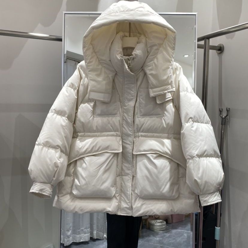 2023冬季新款大口袋羽绒服女韩版休闲抽绳收腰连帽白鸭绒外套时尚