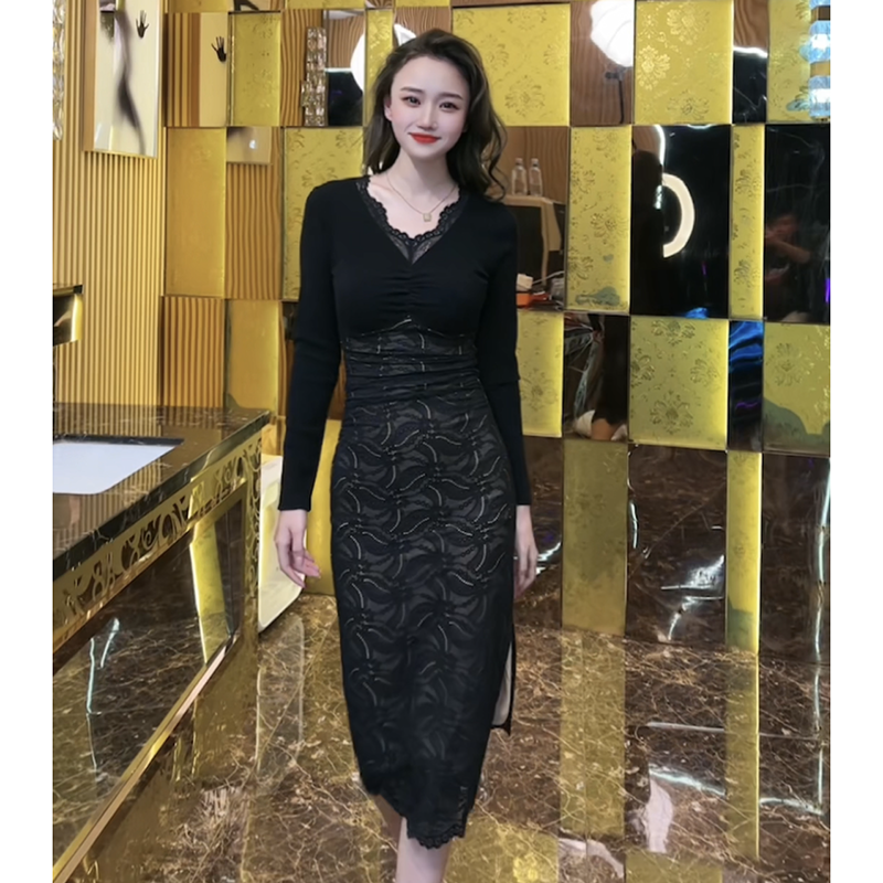 【周周】秋季新款黑色蕾丝气质显瘦收腰时尚长袖开叉连衣裙ZZ8251