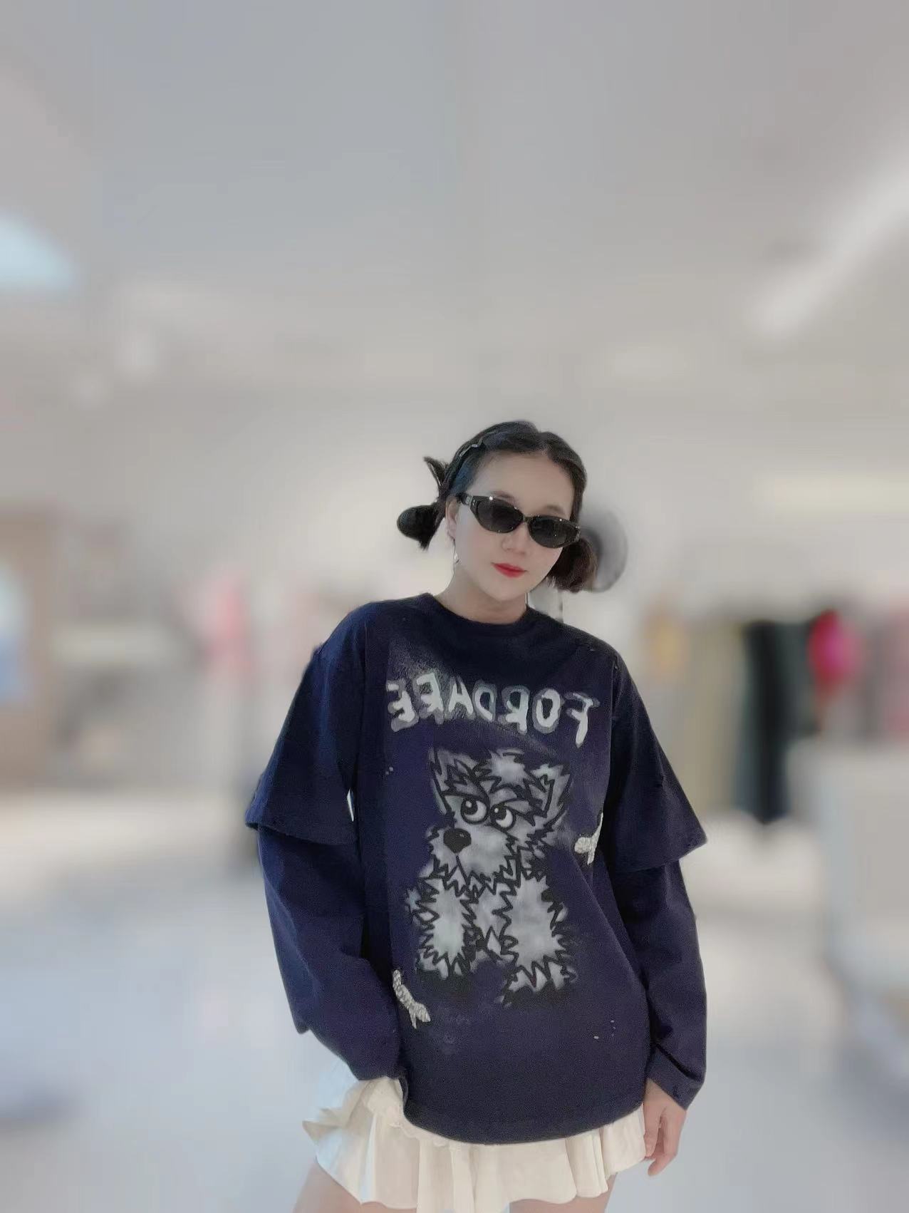 FORDARE  新品  做旧炸毛小狗假两件T