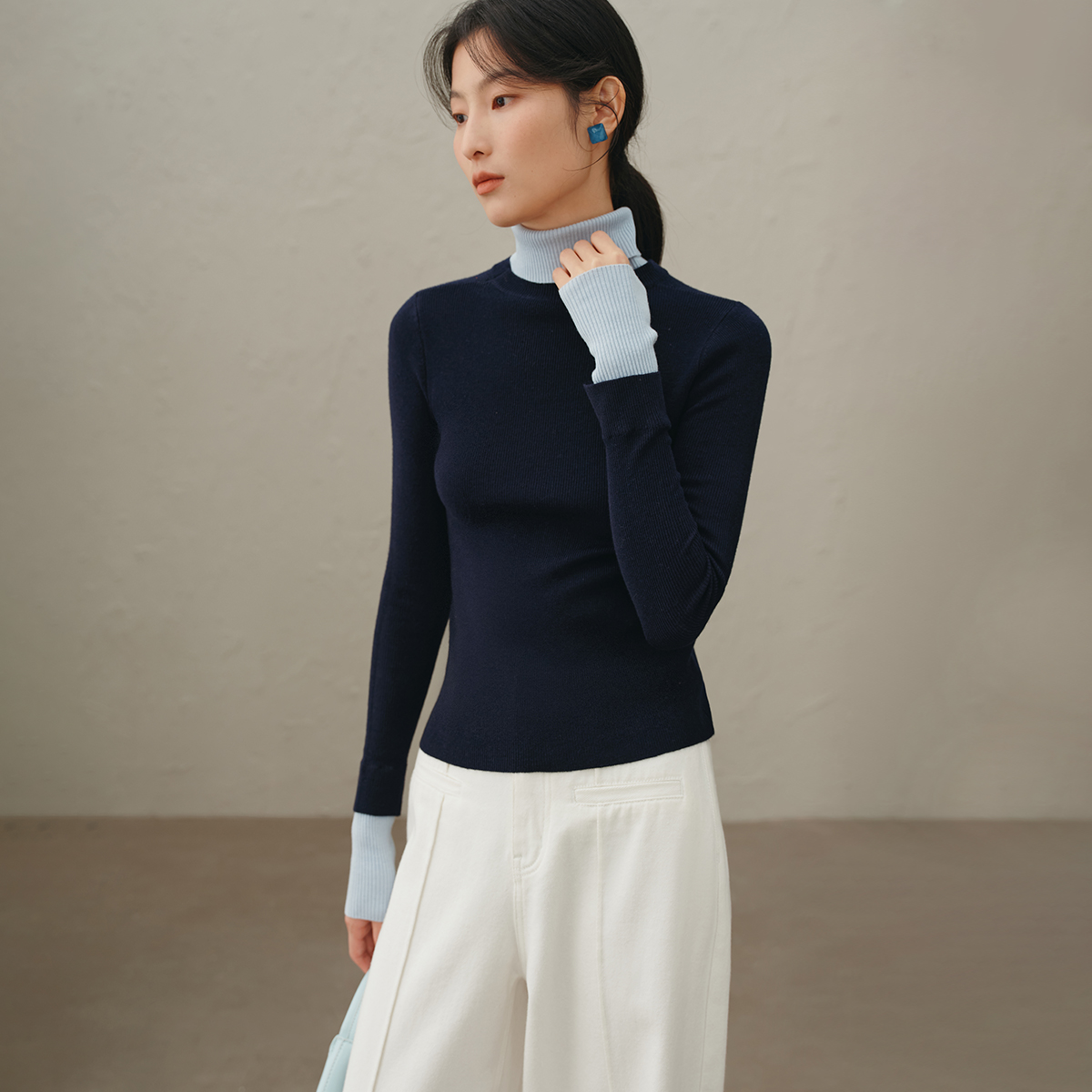 【小云总专享】羊毛混纺假两件高领针织衫冬新款百搭上衣G4WAZ282