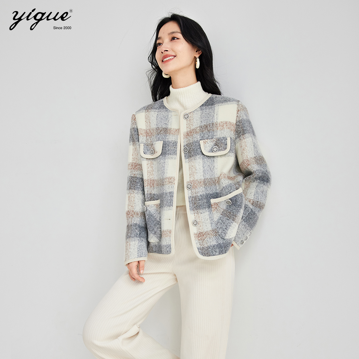 【小云总专享】亦谷小香风圆领短款格纹冬新款长袖宽松上衣G3WAF332