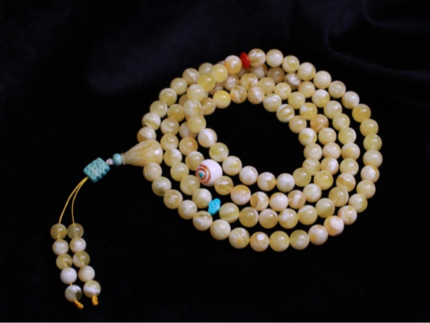 【俄料】7mm直径 金白蜜蜡108项链&手链！款式新颖独特～25.6克 