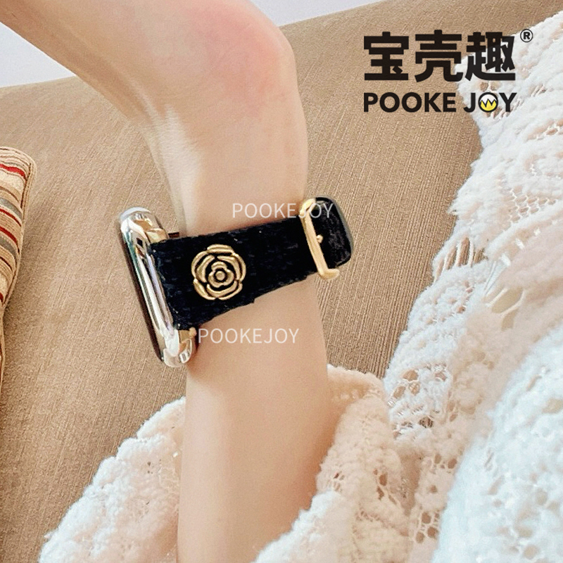 宝壳趣适用苹果s11表带applewatch10山茶花粗花呢真皮表带s9/s8冬