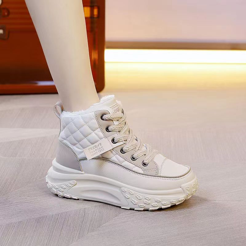 【万达撤柜】真皮高帮鞋女2023新款冬季加绒保暖棉鞋百搭休闲厚底短