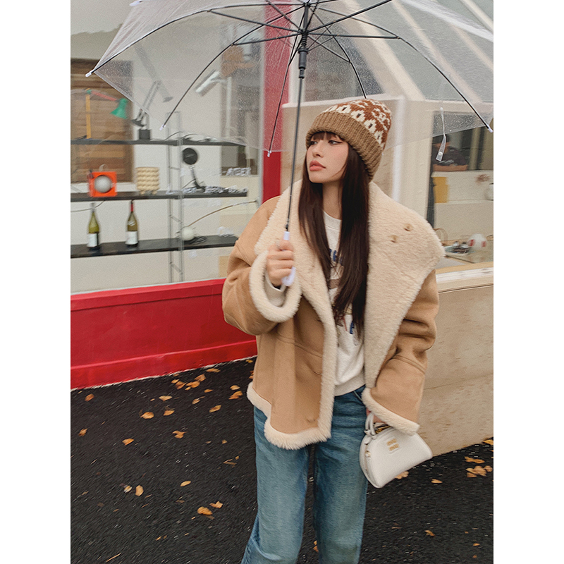 CHERI.Z卡其色双面穿颗粒绒羔毛保暖冬季外套女时尚宽松