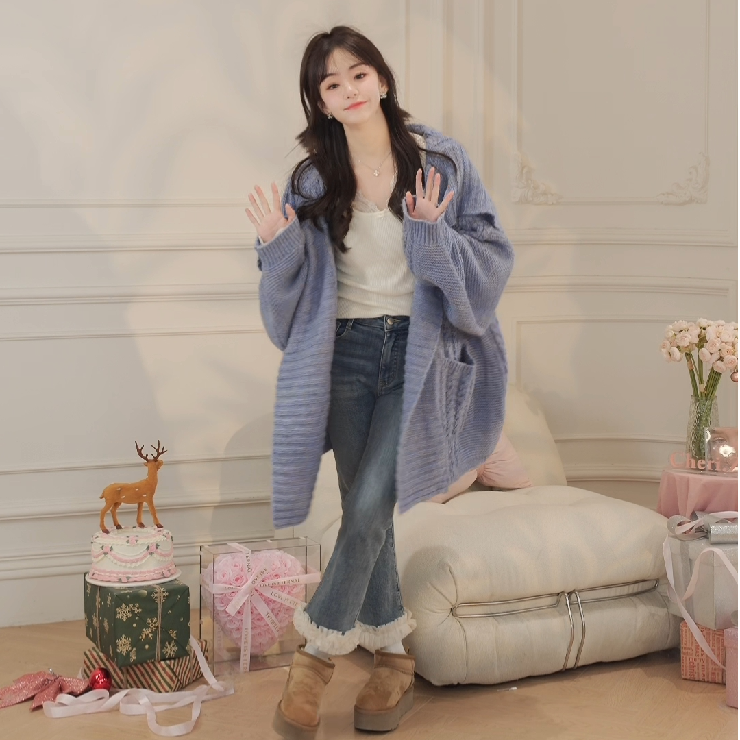 CHERI.Z"蓝色多瑙河”宽松慵懒大翻领中长款针织衫开衫毛衣大衣