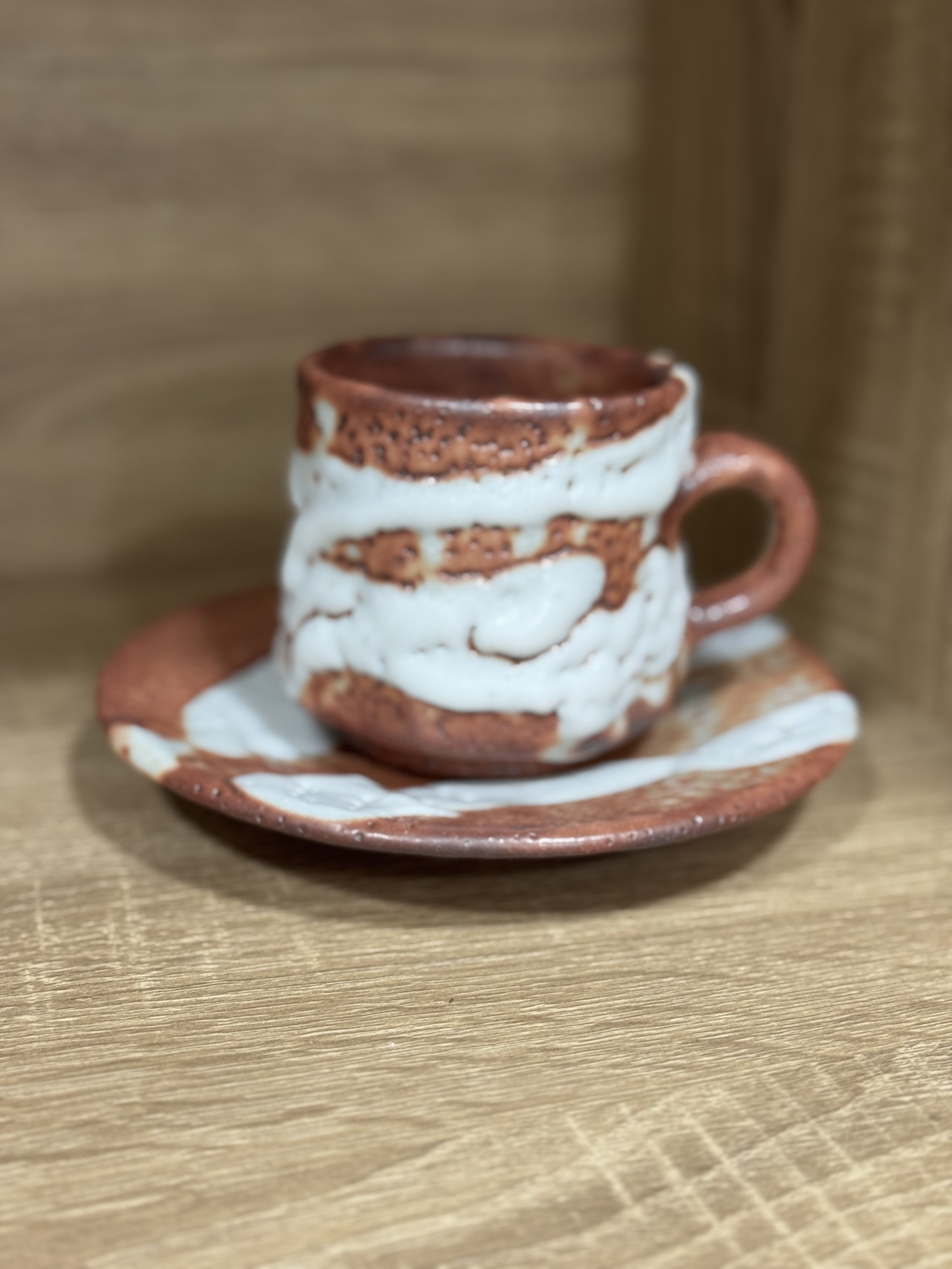 加藤健古法烧制赤志野咖啡杯，一杯一碟