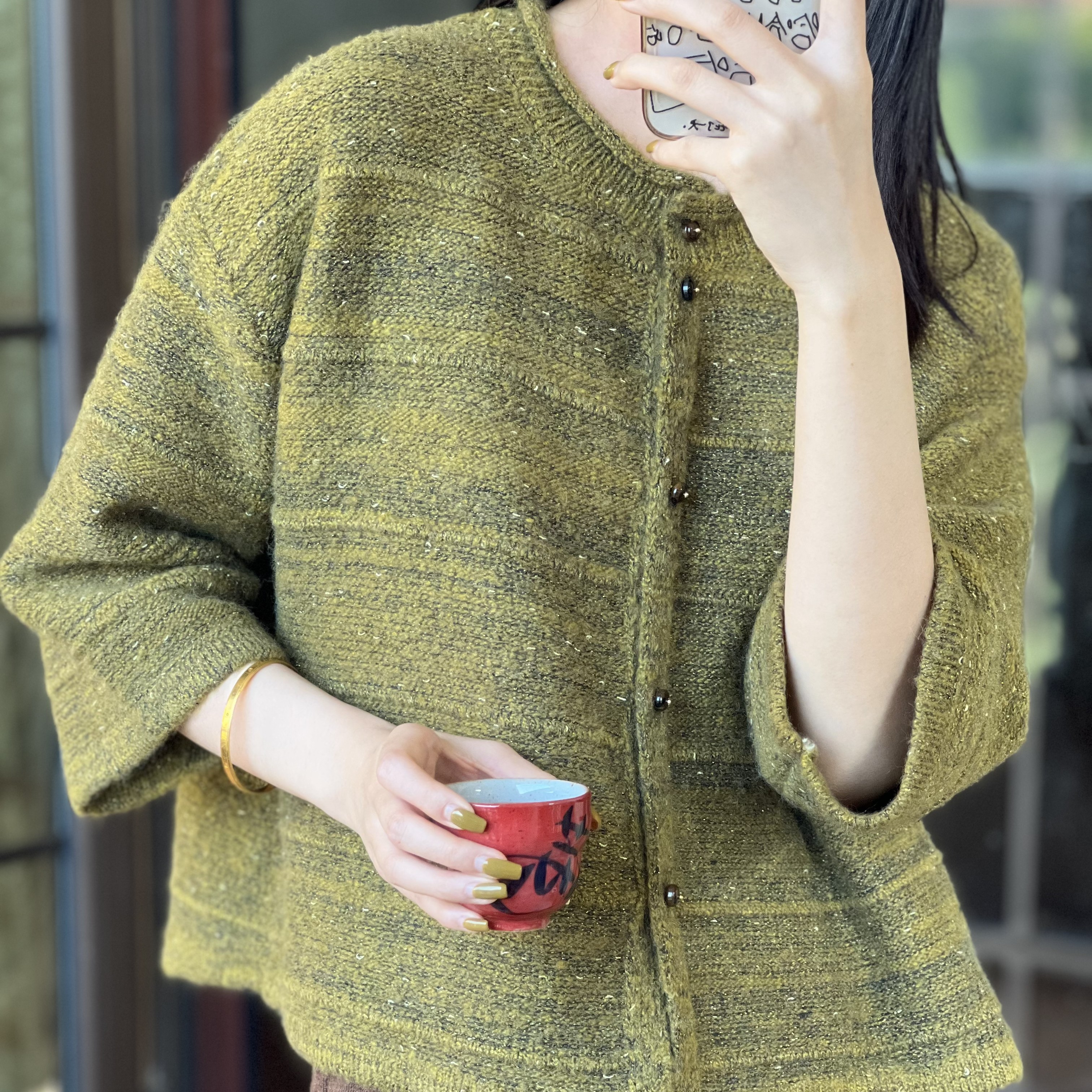 春季新款混纱亮丝气质短款圆领宽松休闲毛织针织开衫女长袖7分袖