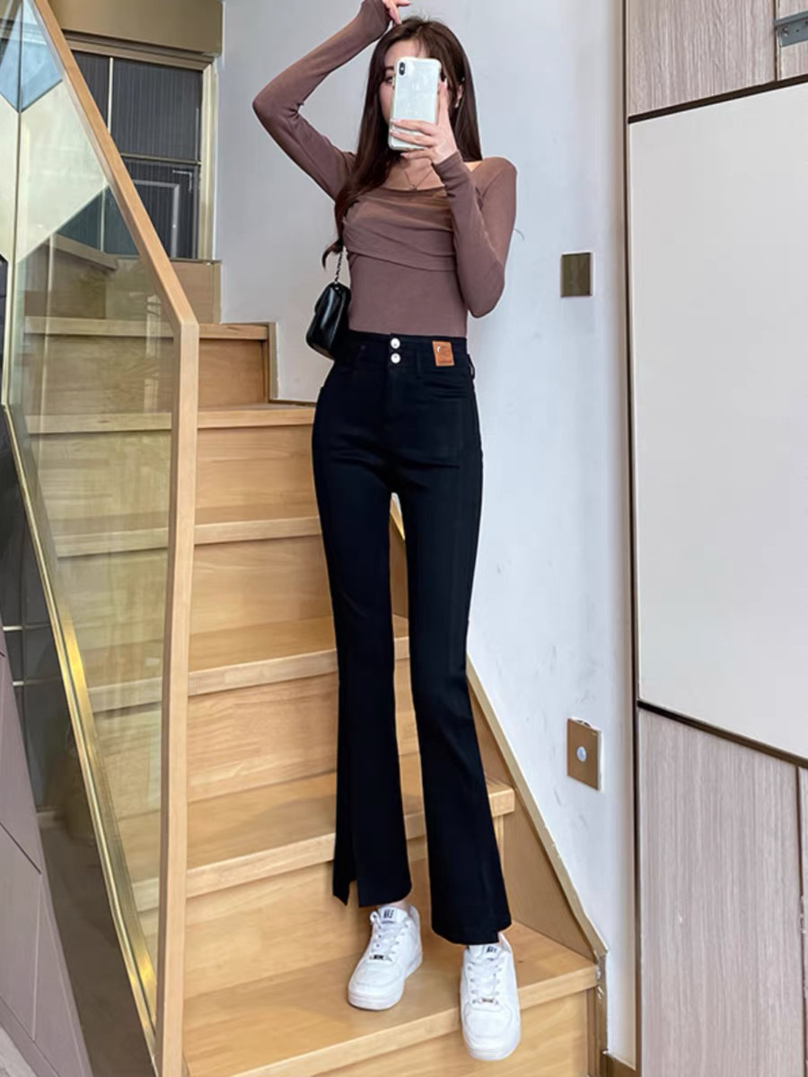 2389款黑色喇叭裤女2024年新款高腰显瘦春款小个子微喇裤子时尚
