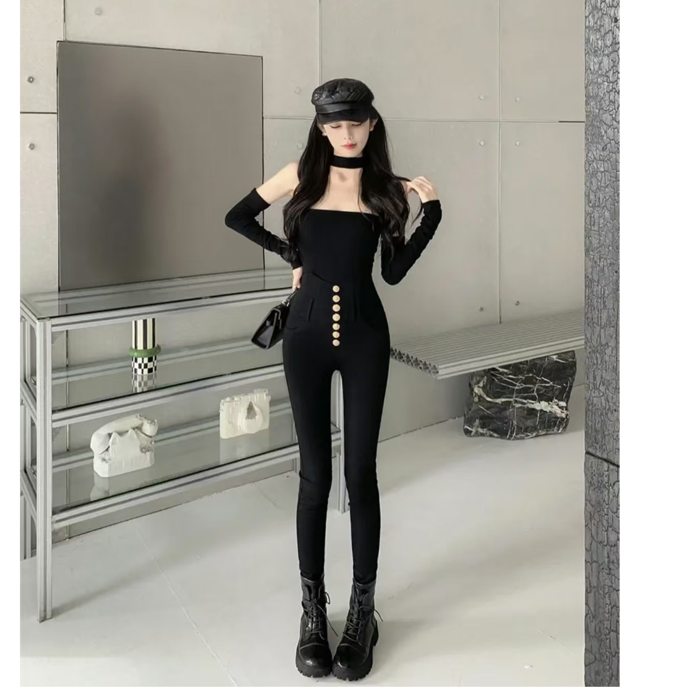 高腰单排扣修身小脚裤显瘦外穿百搭时尚秋冬黑色长裤女装