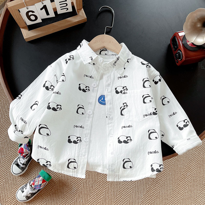 男童卡通衬衫春秋新款纯棉男宝宝秋装卡通熊猫上衣儿童长袖衬衣