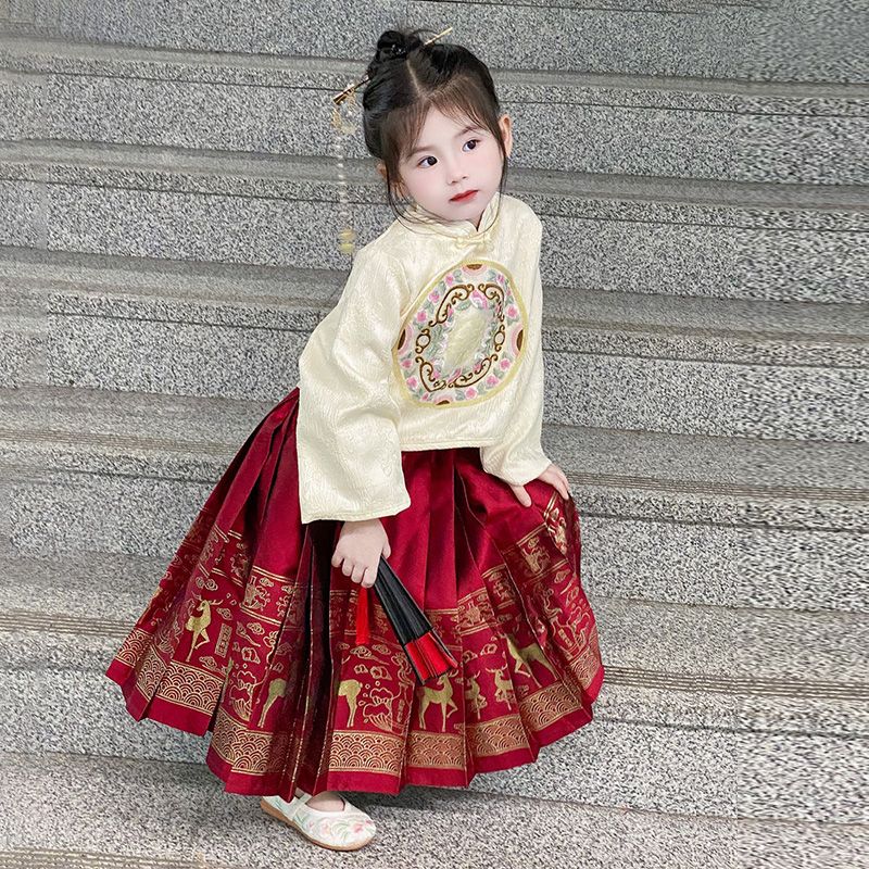 女童加厚绒马面裙套装秋冬小童中国古风公主汉服裙龙年拜年服唐装