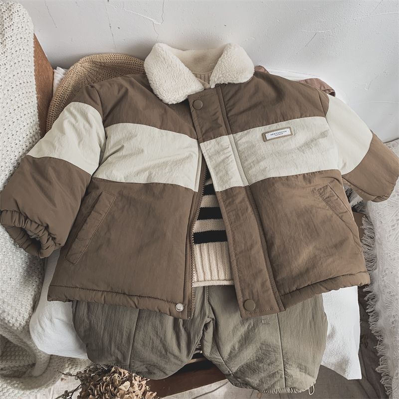 男童冬款外套2023新款撞色加绒加厚外套男女宝宝棉衣冬季外套棉服