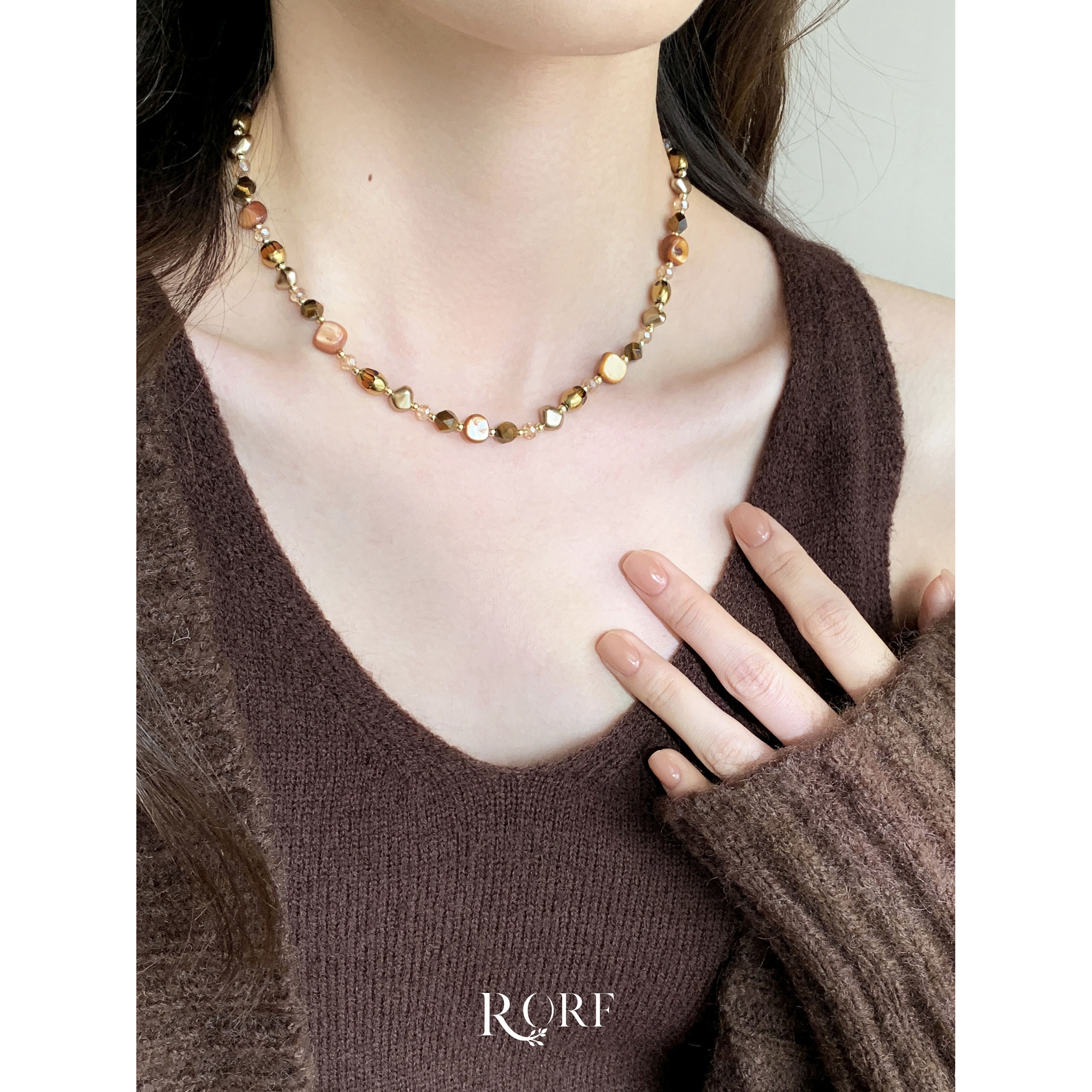 铜合金项链 焦糖奶咖美拉德咖色珠串珠复古项链高级感轻奢毛衣链