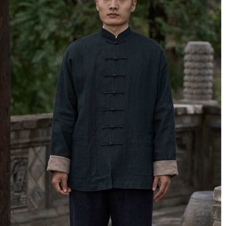 「慈航布衣」传统中式墨绿色亚麻外套男装男士上衣