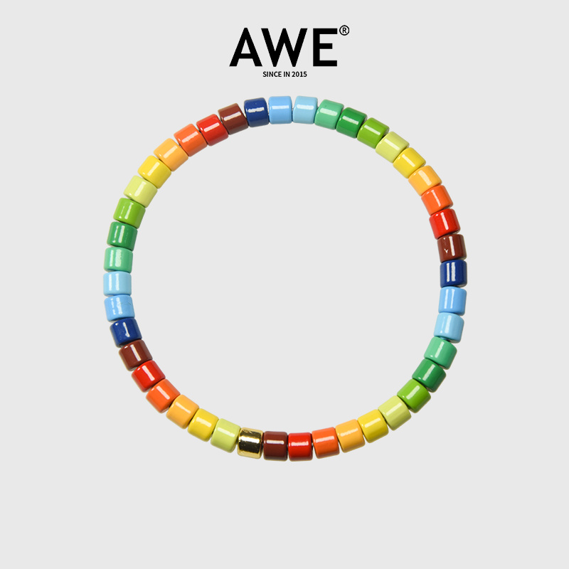 AWE 钛钢手链 彩虹串珠手环白百何同款糖果色搪瓷手串弹力绳情侣