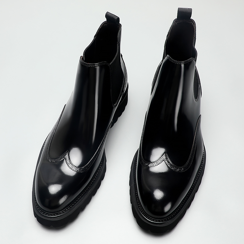 潮流马丁靴厚底亮面时尚高帮皮鞋商务休闲尖头英伦切尔西靴男真皮