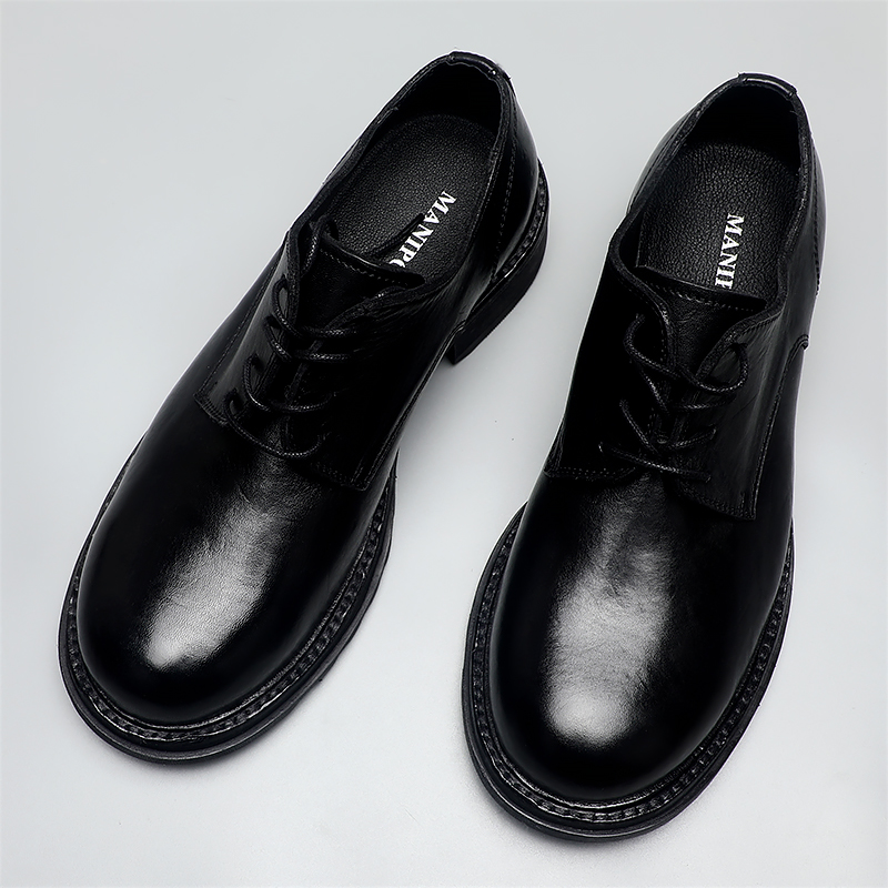 休闲男皮鞋黑色重水洗复古手工时尚男鞋百搭圆头暗黑系德比鞋真皮