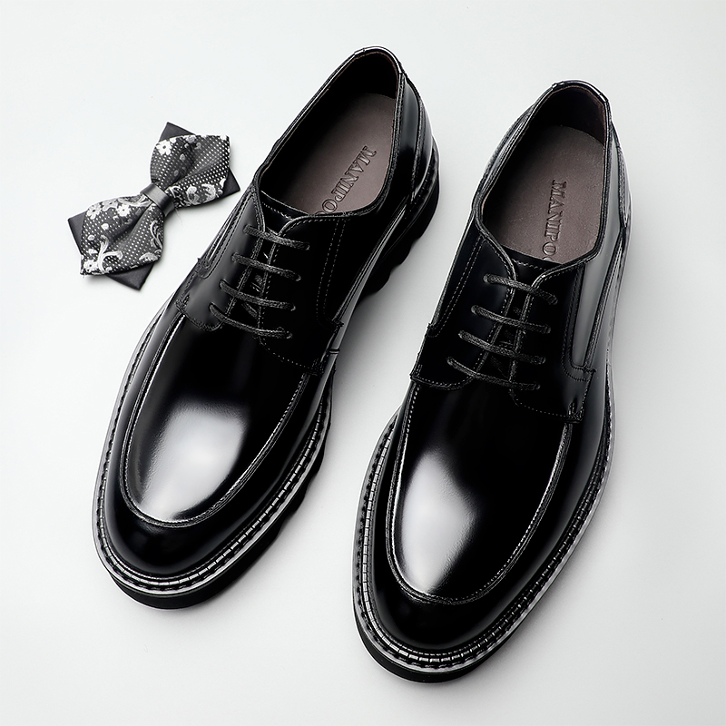 潮流正装皮鞋男通勤亮面休闲年轻德比鞋真皮英伦风厚底新郎结婚鞋