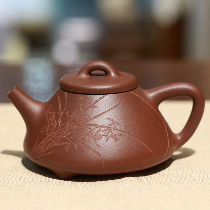 宜兴名家崔颖强紫砂壶子冶石瓢壶底槽清和石刻绘兰花紫砂壶送礼