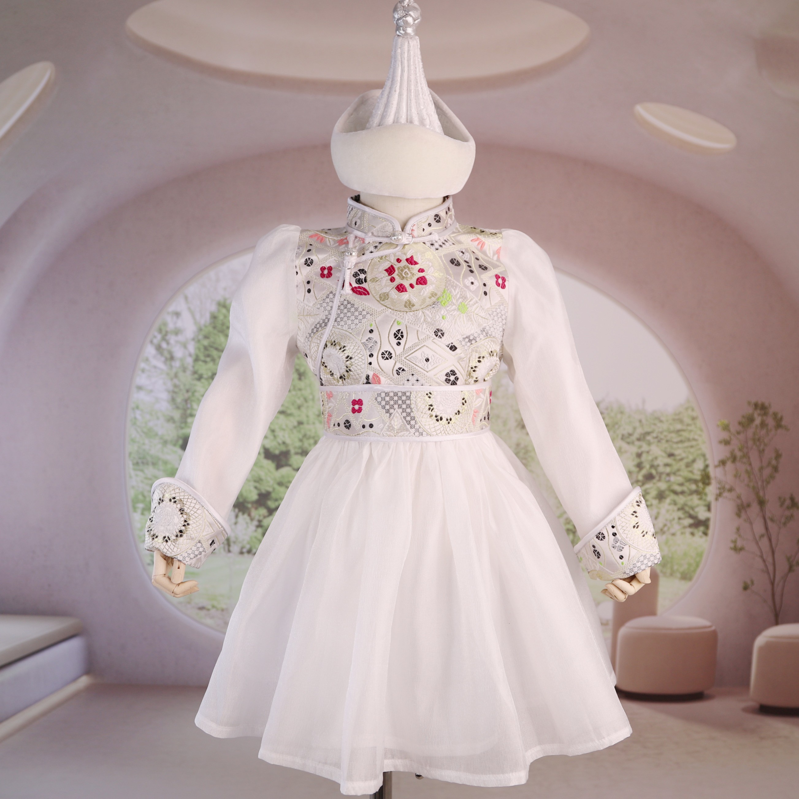 民族风白色碎花拼接蒙古裙 马蹄袖儿童童春秋纱裙