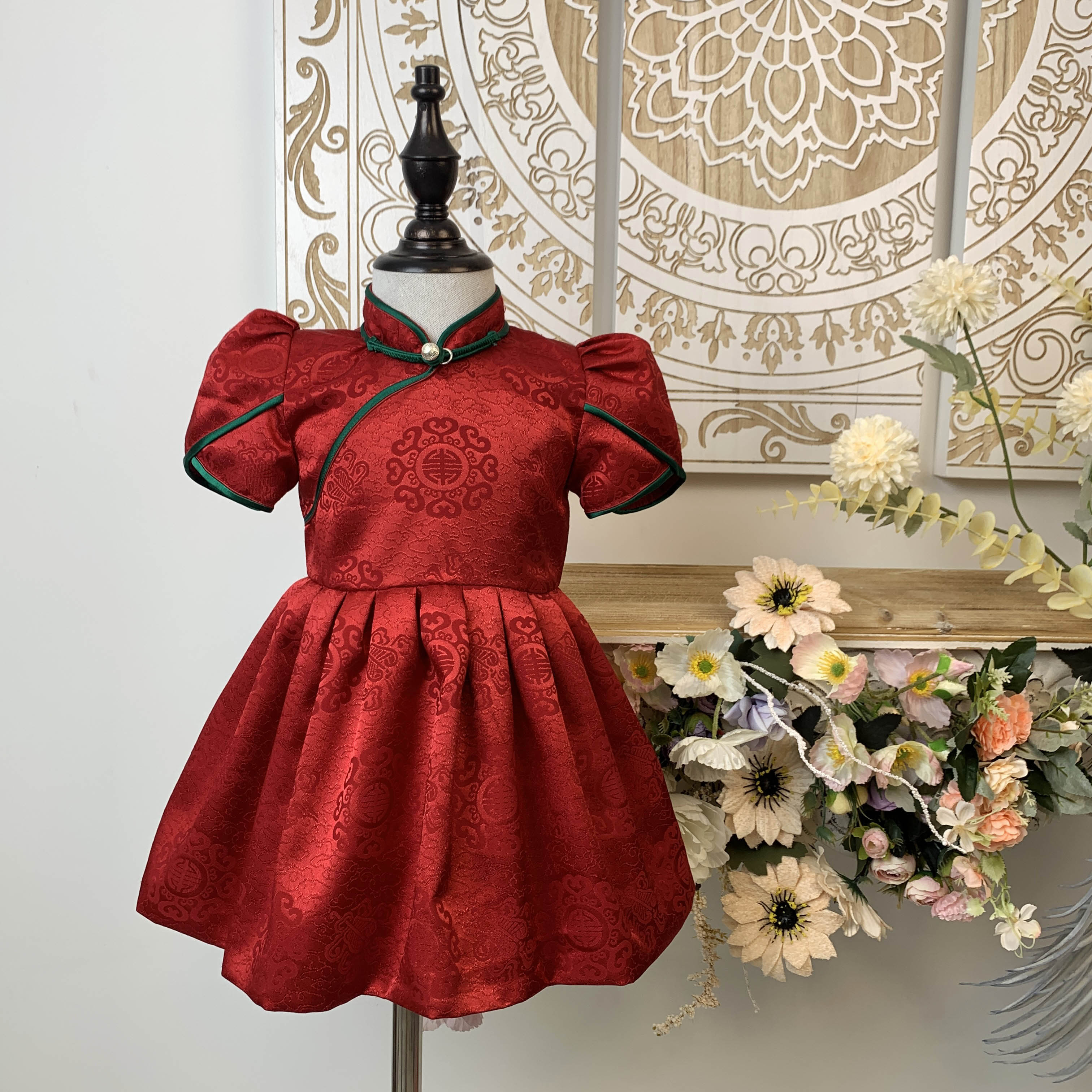 【善妈】故宫红半袖裙 连衣裙女童裙子复古女孩洋气宝宝儿童印花