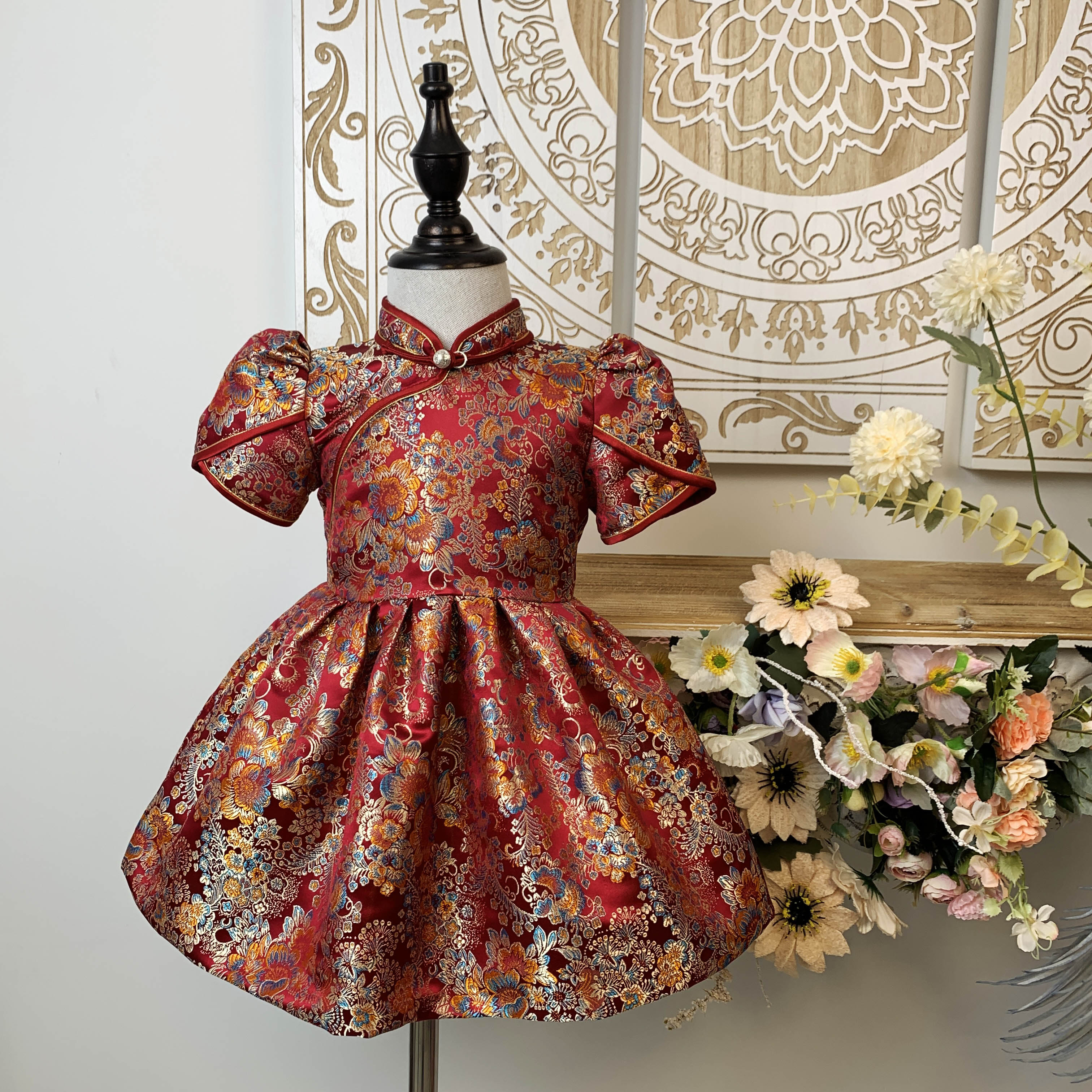 【善妈】五彩半袖裙 连衣裙女童裙子复古女孩洋气宝宝儿童印花夏季