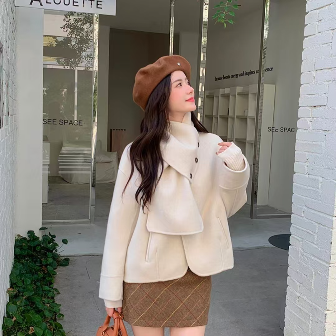 澳洲进口双面大衣可拆卸围巾设计款小个子外套短款 4-小围巾款