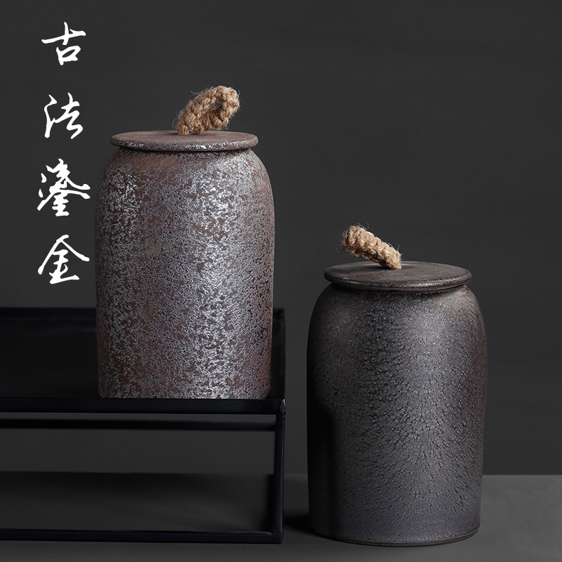 复古手工陶瓷茶叶罐粗陶密封罐一斤装桶家用大号陶罐便携储茶罐