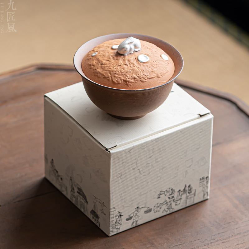 手工粗陶盖碗中式复古老岩泥兔子泡茶器家用陶瓷功夫茶具创意茶碗