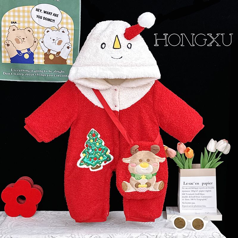 婴儿冬季圣诞连体衣冬装新生儿宝宝加厚加绒爬服保暖新年拜年衣服