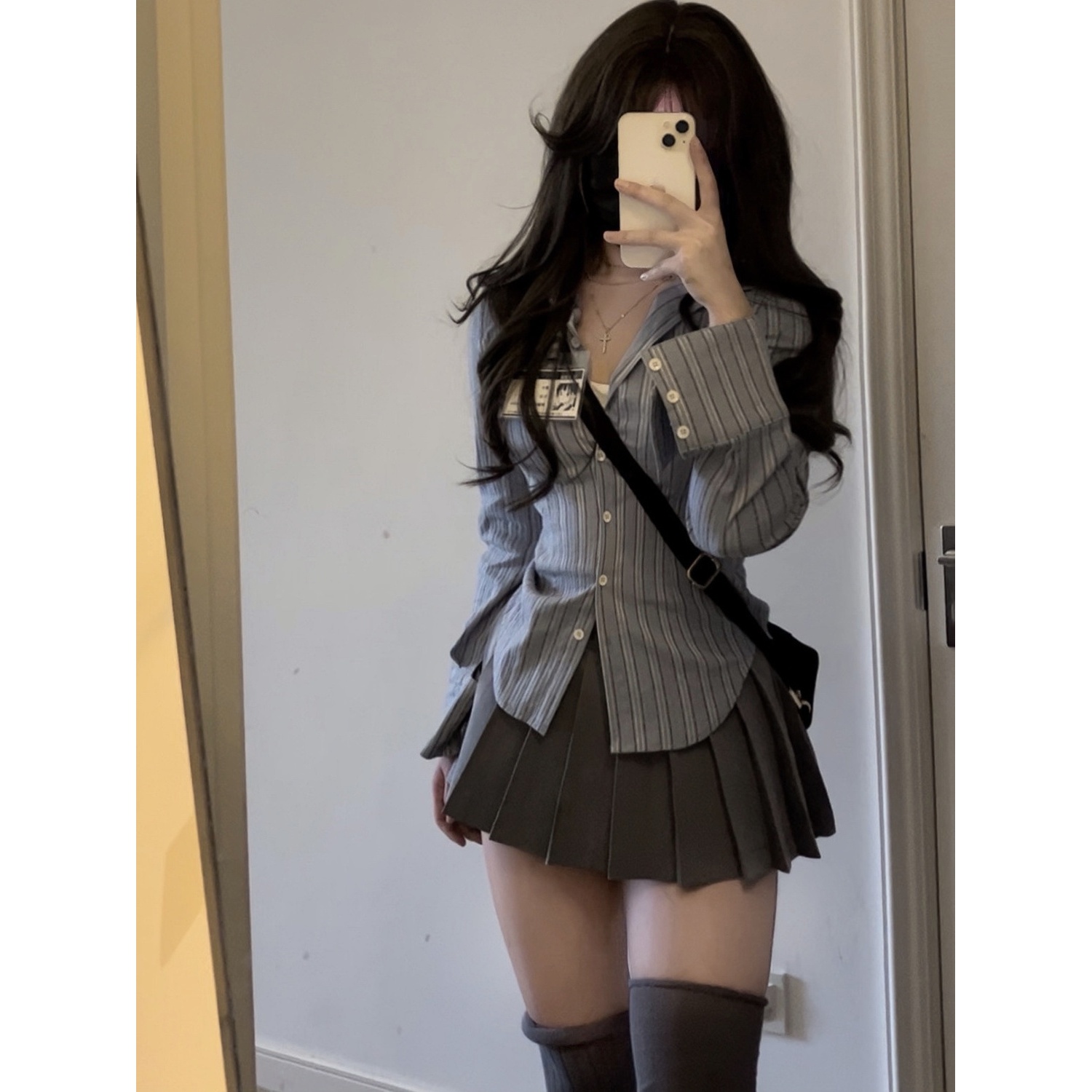 Q甜美辣妹套装裙女新款条纹长袖衬衫女春季小个子显瘦百褶裙两件