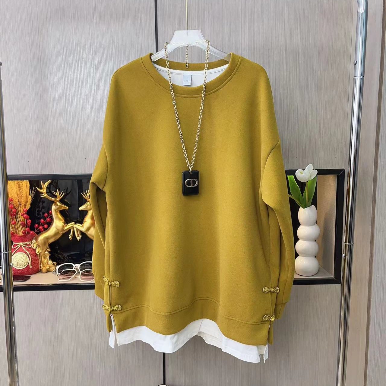 【思思专属】秋冬新款假两件卫衣女中长款休闲宽松上衣2028