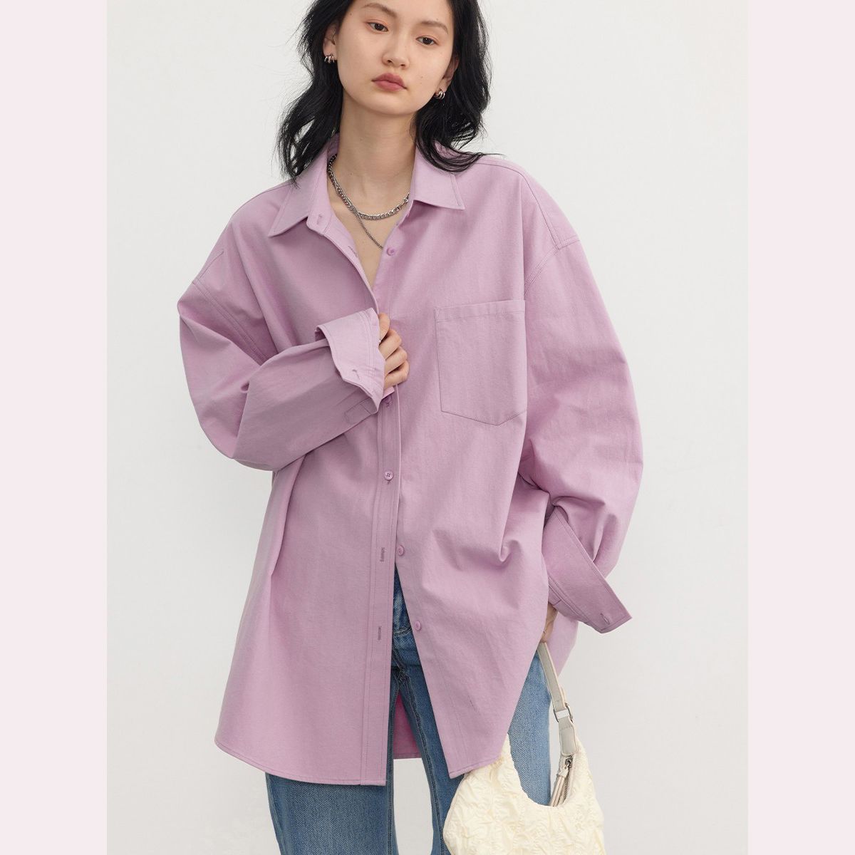 CHICVEN2023春装新款 休闲宽松粉色衬衫上衣女冷淡高级感长袖衬衣