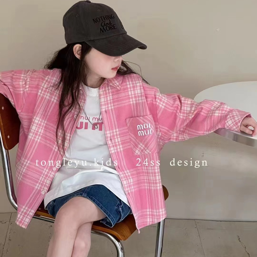【小慕家】春季新款2696韩版中大童刺绣洋气粉色格子时尚衬衫外套