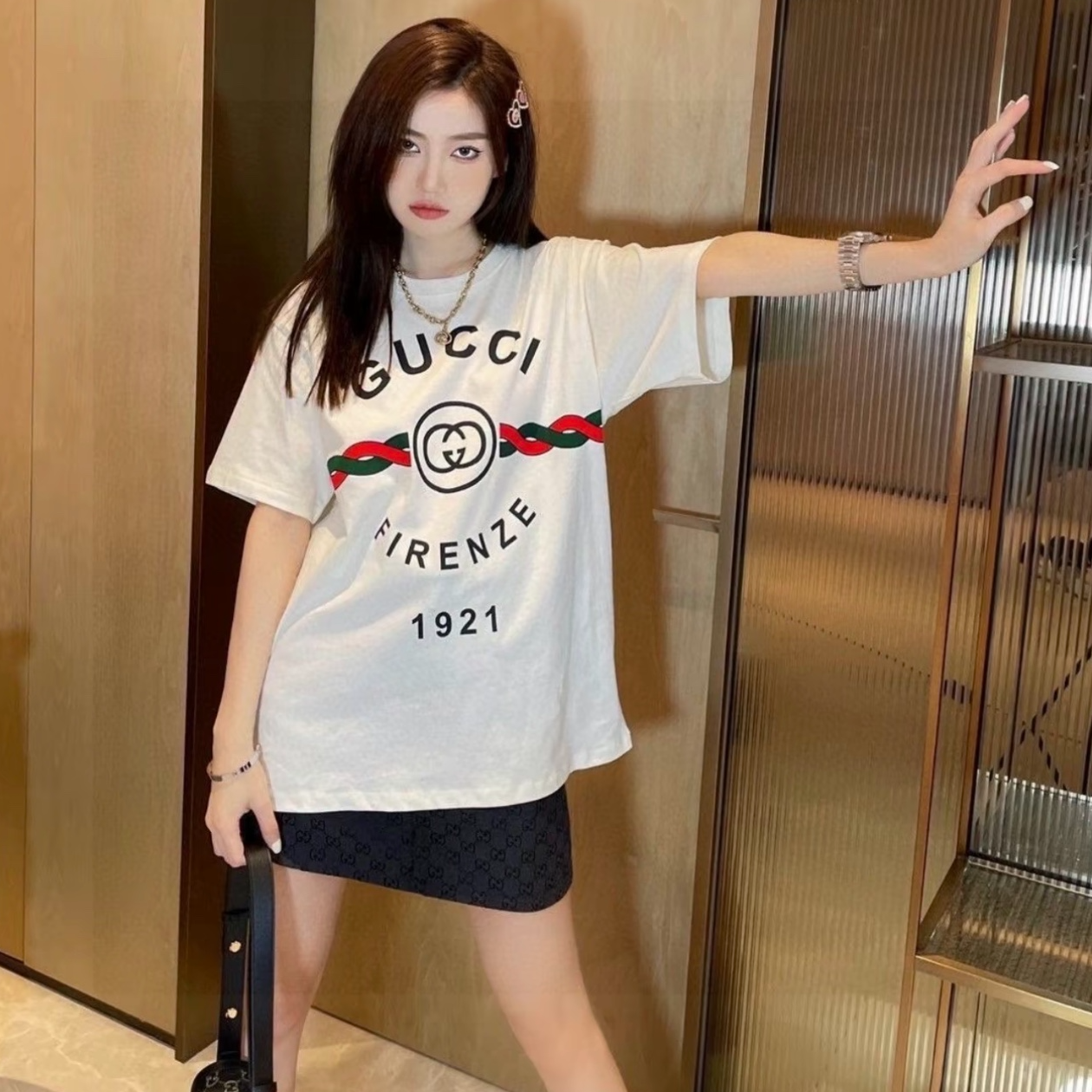 全新未使用 GUCCI/古驰 1921系列红绿绳字母印花短袖白色