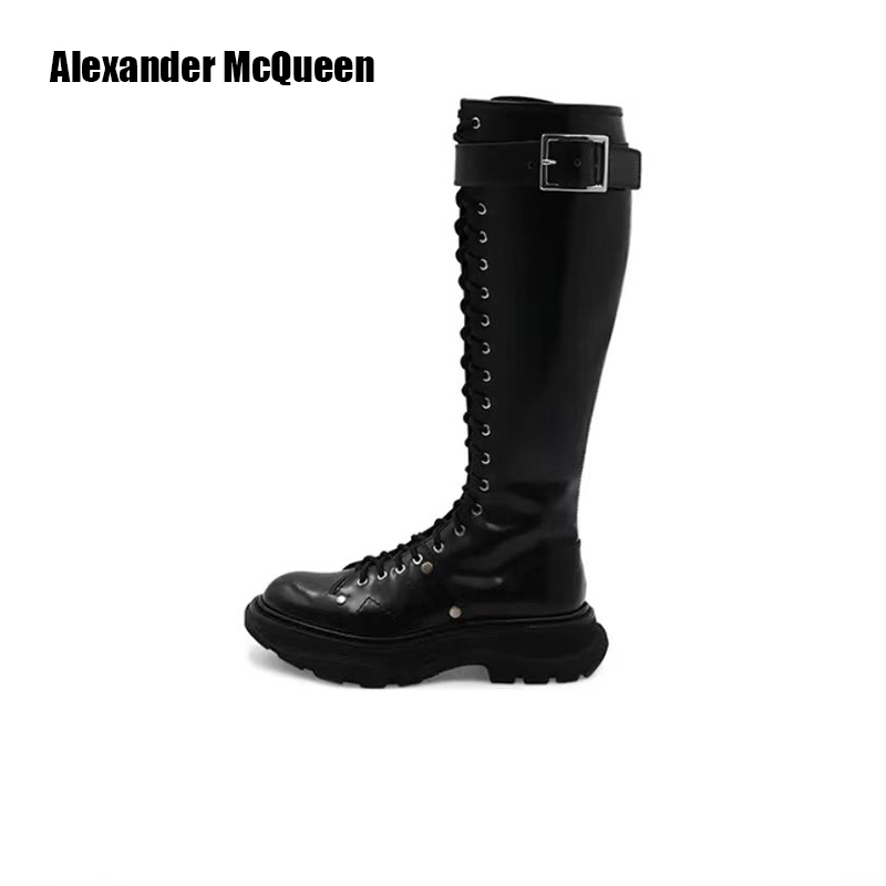 全新未使用 Alexander McQueen/亚历山大·麦昆 女式低跟及膝靴