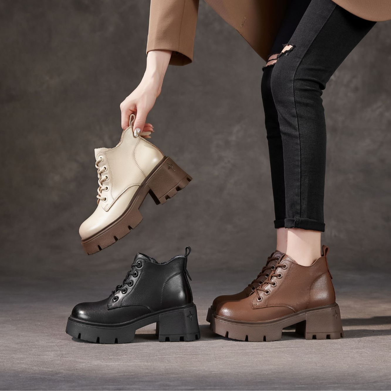 秋冬新款复古时尚英伦风厚底增高新款粗跟百搭真皮马丁靴23191