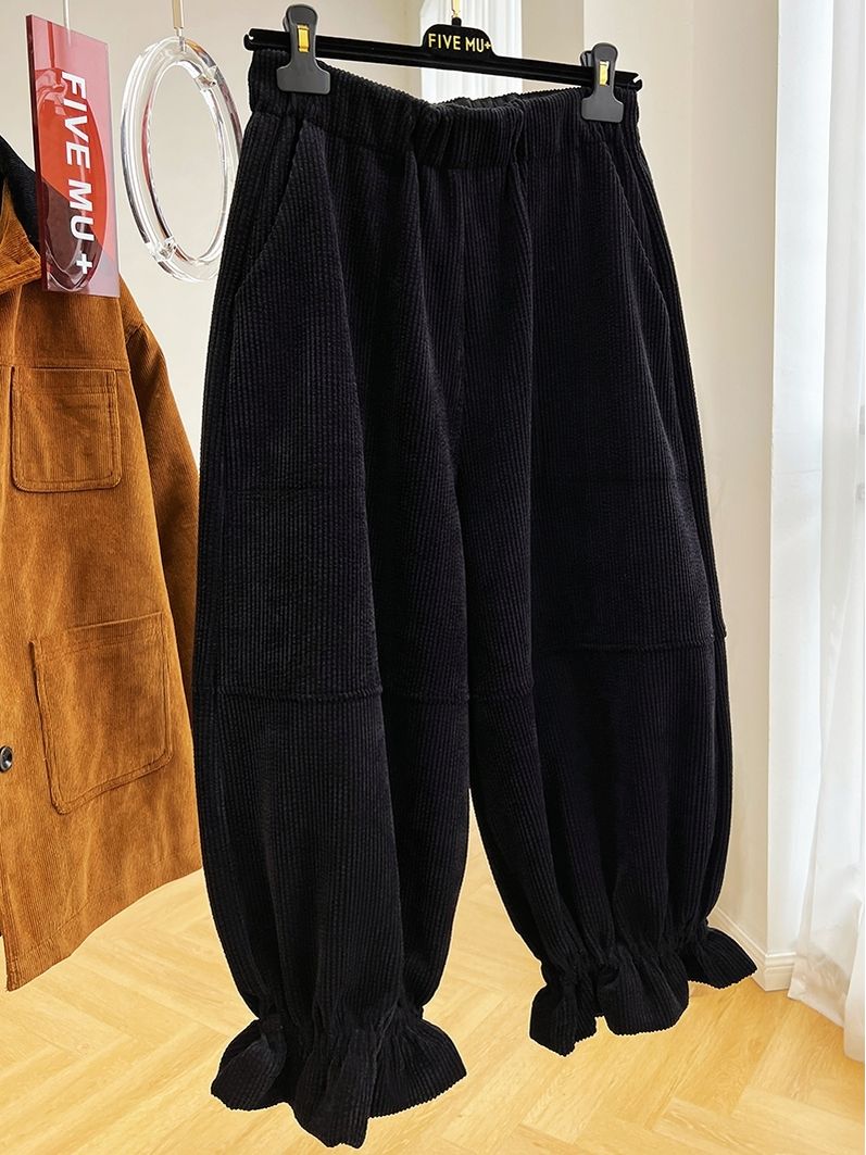 特大码胖mm高级感松紧腰灯芯绒加绒加厚花苞灯笼裤女2023秋冬新款