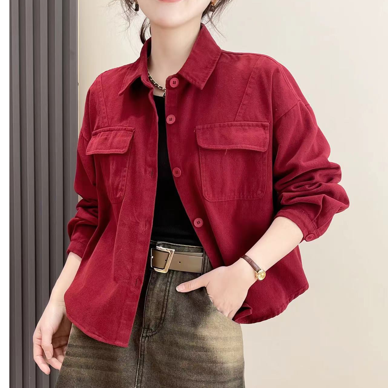水洗衬衣外套百搭宽松时尚短款