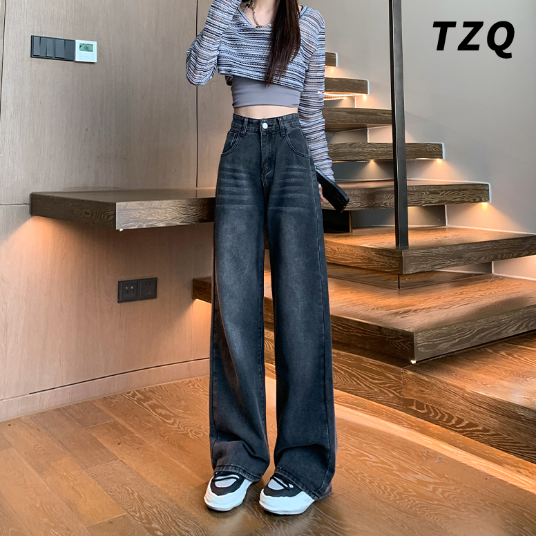 灰色阔腿牛仔裤女爆款2023新款显瘦垂感宽松高腰直筒拖地裤子秋冬
