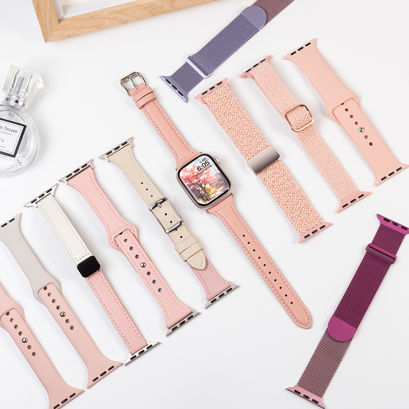 适用iwatch10/9表带粉色苹果手表纯色夏季女编织磁吸运动表带创意