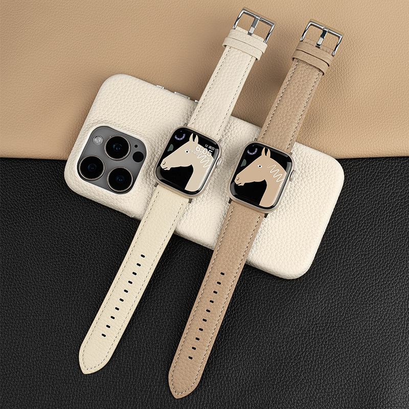 适用苹果S10手表iwatch9表带applewatch8/se荔枝纹真皮表带7创意